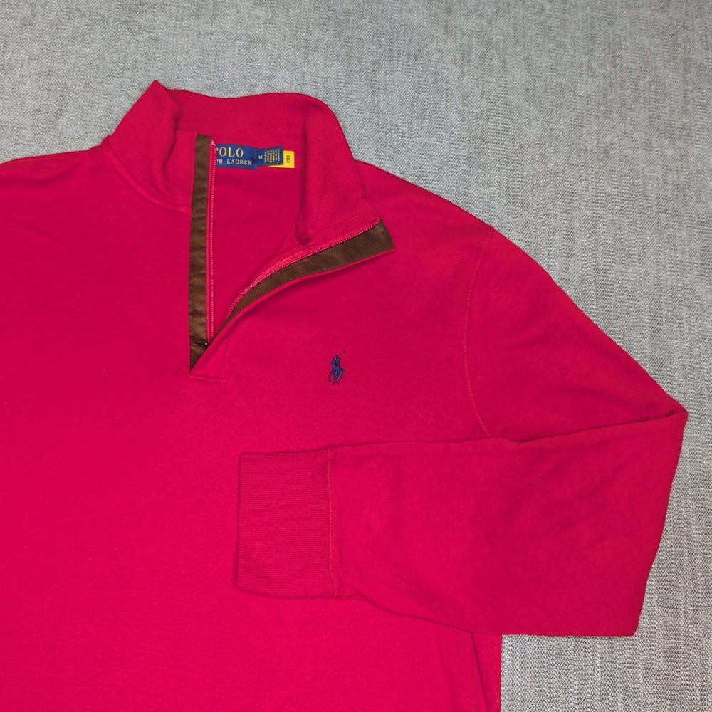 Polo Ralph Lauren Mens Red Quarter Zip Pullover Sweatshirt Suede Trim Size M